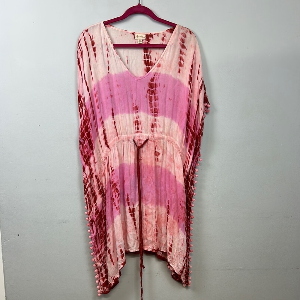 Swim Coverup Pink Tie Dye With Pom Pom Trim one size